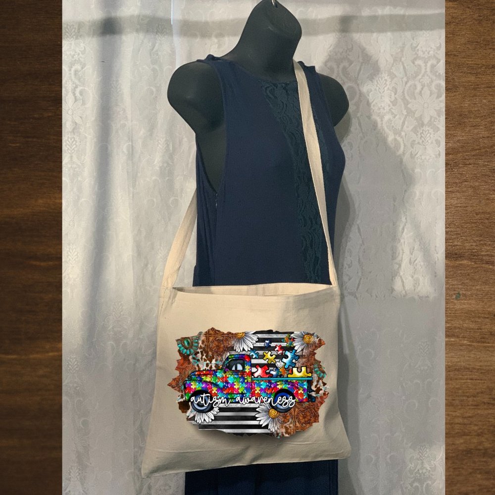 Autism Vintage Truck Crossbody Messenger  Cotton Canvas Tote Bag with Long Strap